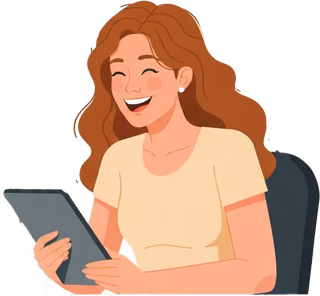 Lachende Frau mit Tablet, die sich zur Fortbildung Heilpraktiker Ergotherapie anmeldet